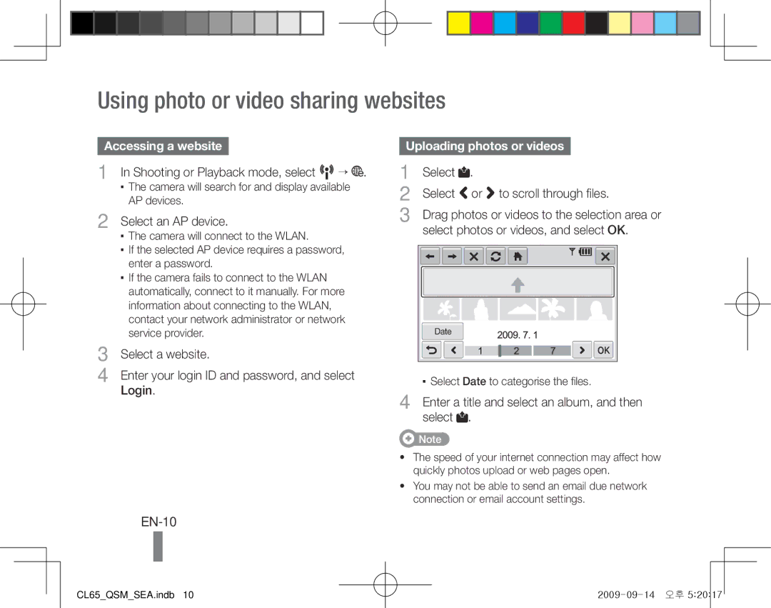 Samsung CL65 quick start manual Using photo or video sharing websites, EN-10, Accessing a websiteUploading photos or videos 