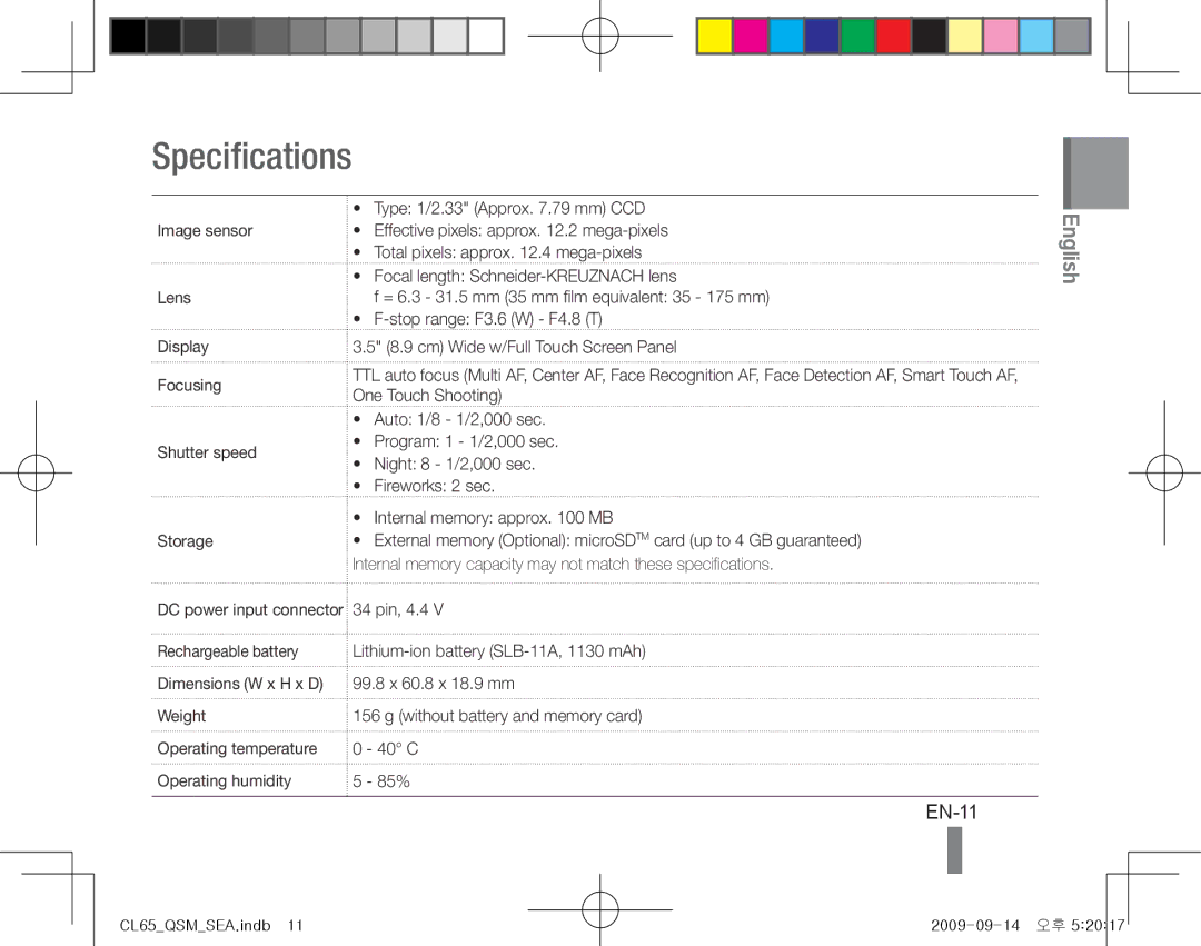 Samsung CL65 Specifications, EN-11, Type 1/2.33 Approx .79 mm CCD, Display Focusing Shutter speed Storage 