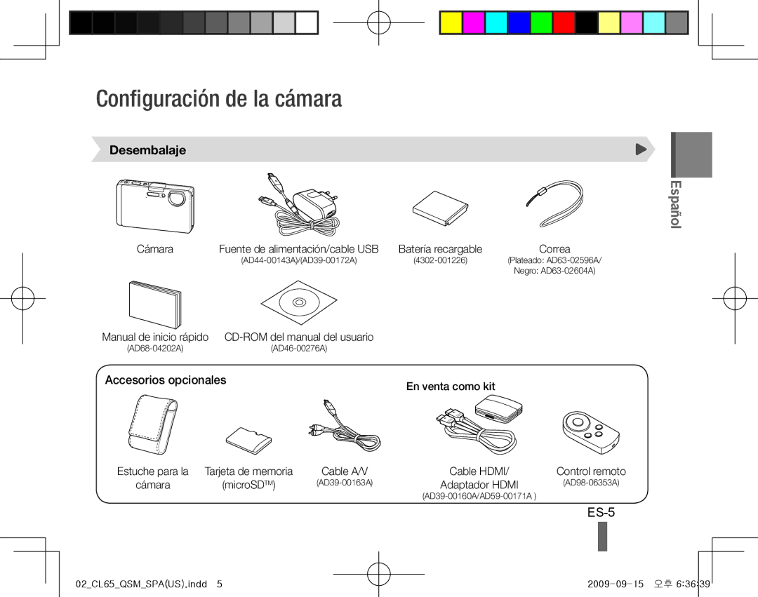 Samsung CL65 quick start manual Configuración de la cámara, ES-5, Desembalaje, Accesorios opcionales 