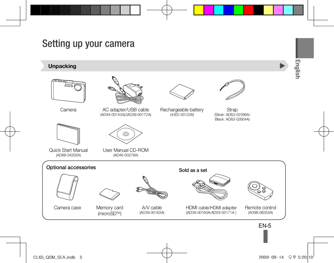 Samsung CL65 quick start manual Setting up your camera, EN-5, Unpacking, Optional accessories 