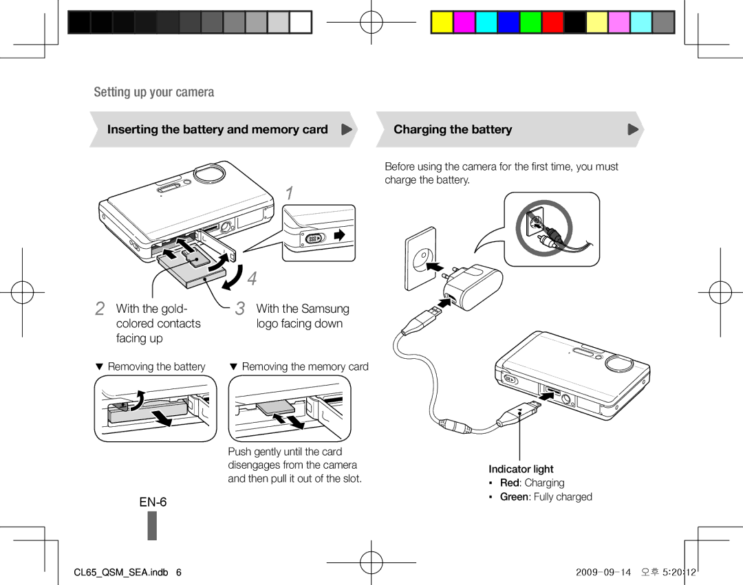 Samsung CL65 EN-6, Inserting the battery and memory card Charging the battery, With the gold, Colored contacts, Facing up 