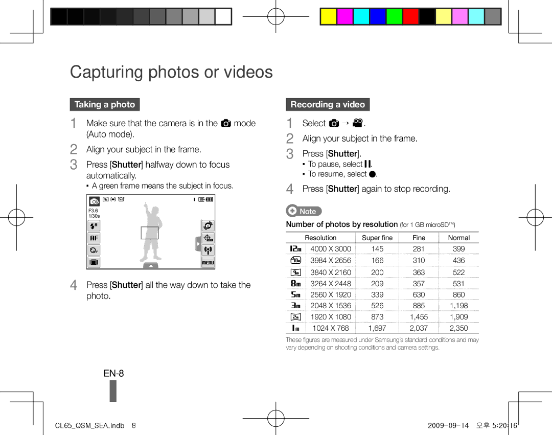 Samsung CL65 quick start manual Capturing photos or videos, EN-8, Taking a photo, Recording a video 