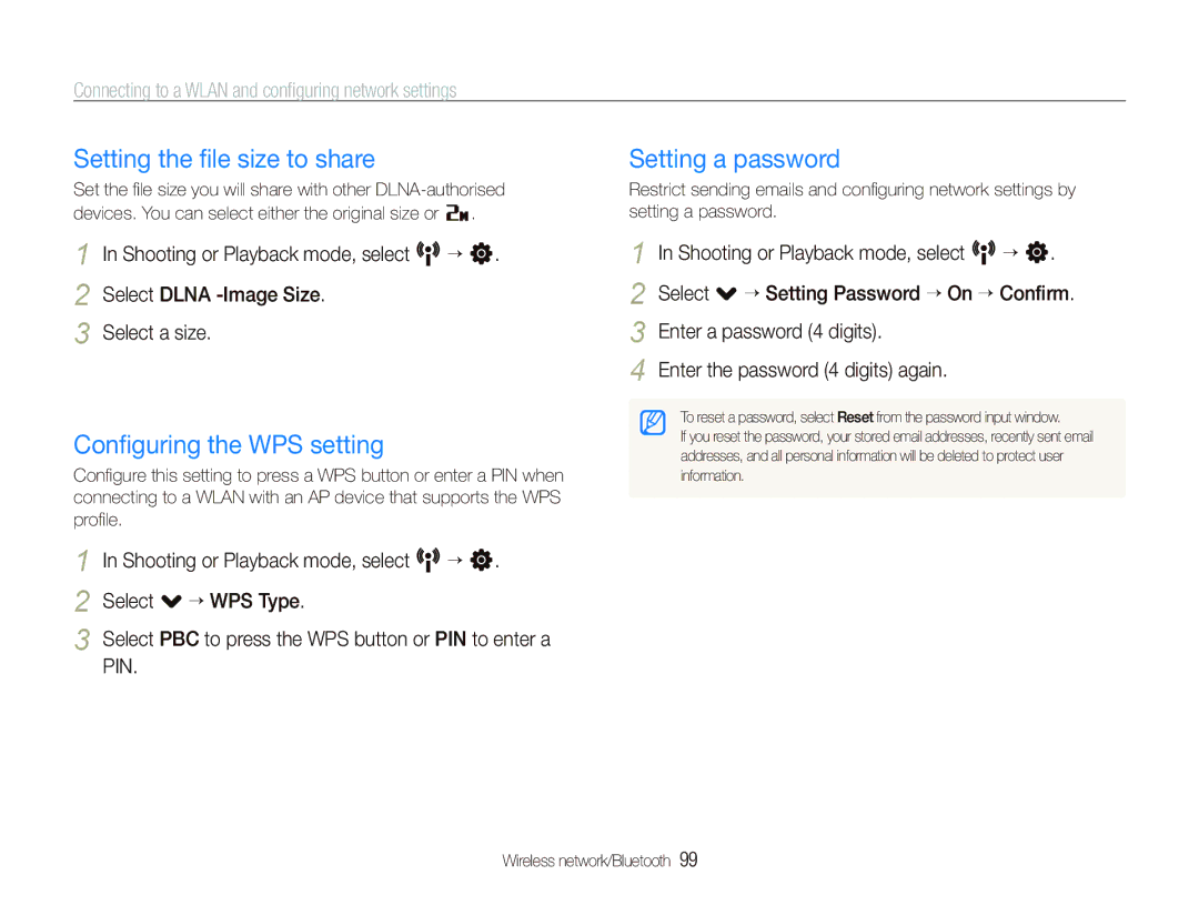 Samsung CL80 user manual Setting the ﬁle size to share, Conﬁguring the WPS setting, Setting a password 