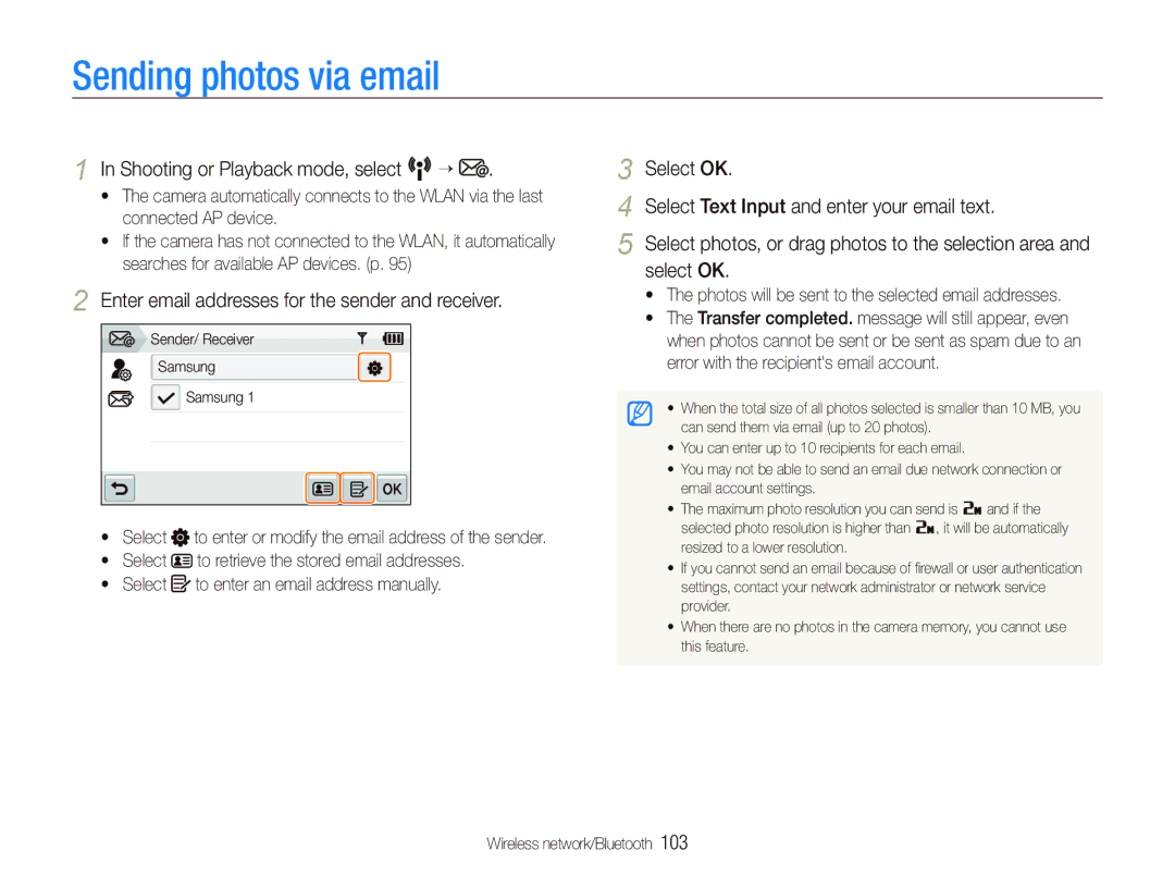 Samsung CL80 user manual Sending photos via email, Enter email addresses for the sender and receiver 