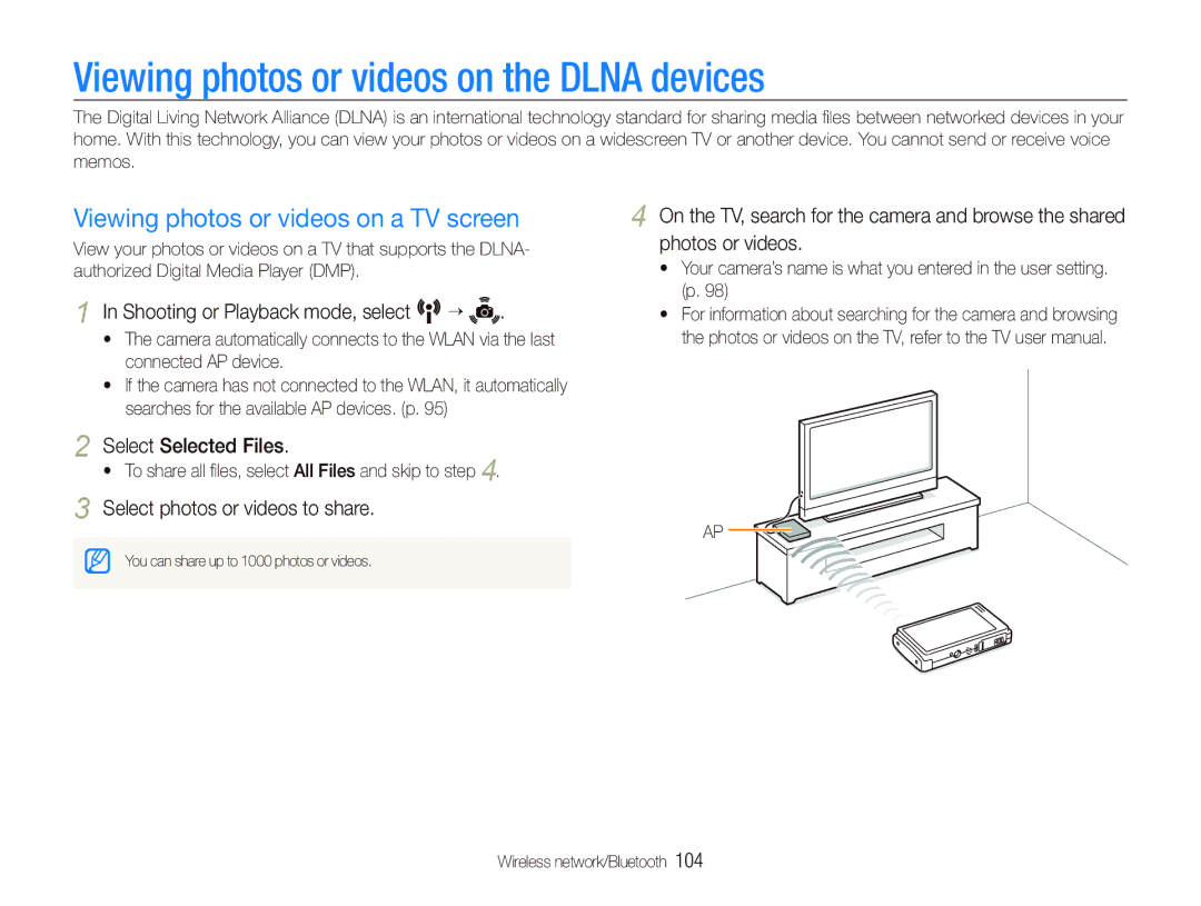 Samsung CL80 Viewing photos or videos on the Dlna devices, Viewing photos or videos on a TV screen, Select Selected Files 