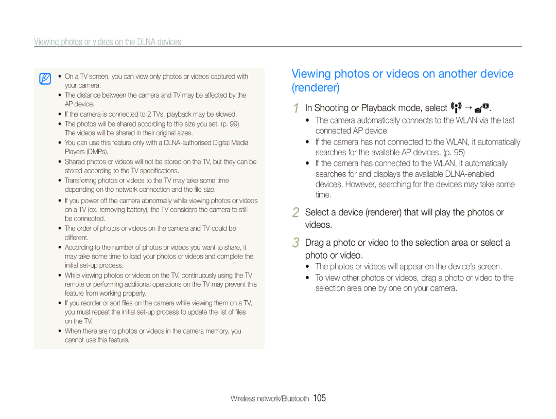 Samsung CL80 user manual Viewing photos or videos on another device renderer, Viewing photos or videos on the Dlna devices 