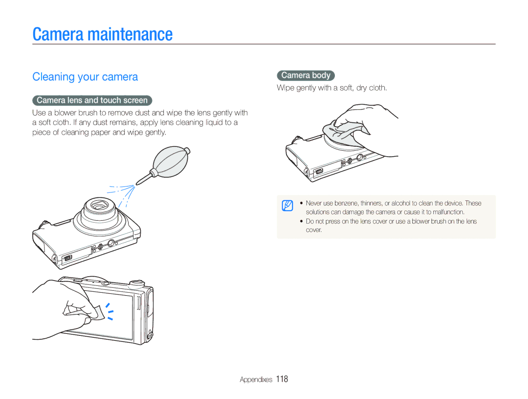 Samsung CL80 user manual Camera maintenance, Cleaning your camera, Camera lens and touch screen, Camera body 