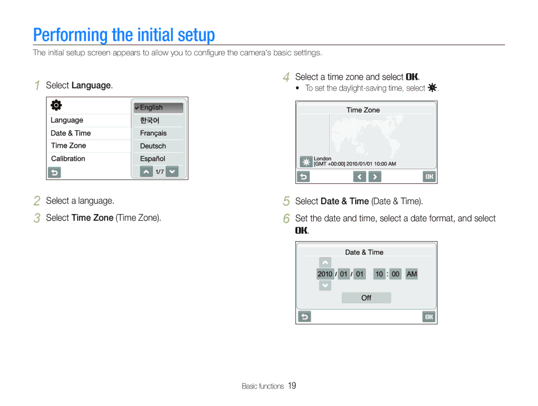 Samsung CL80 user manual Performing the initial setup, Select Language Select a time zone and select 