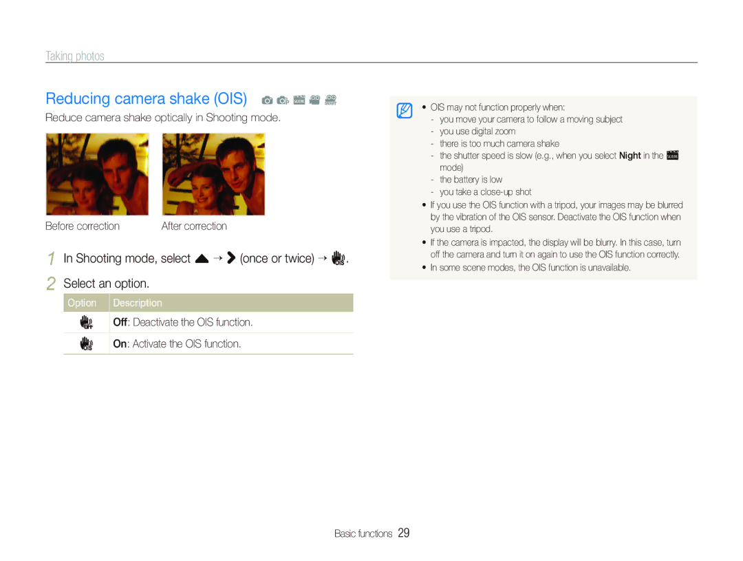 Samsung CL80 user manual Reducing camera shake OIS a p s v D, Shooting mode, select f “ once or twice “ Select an option 