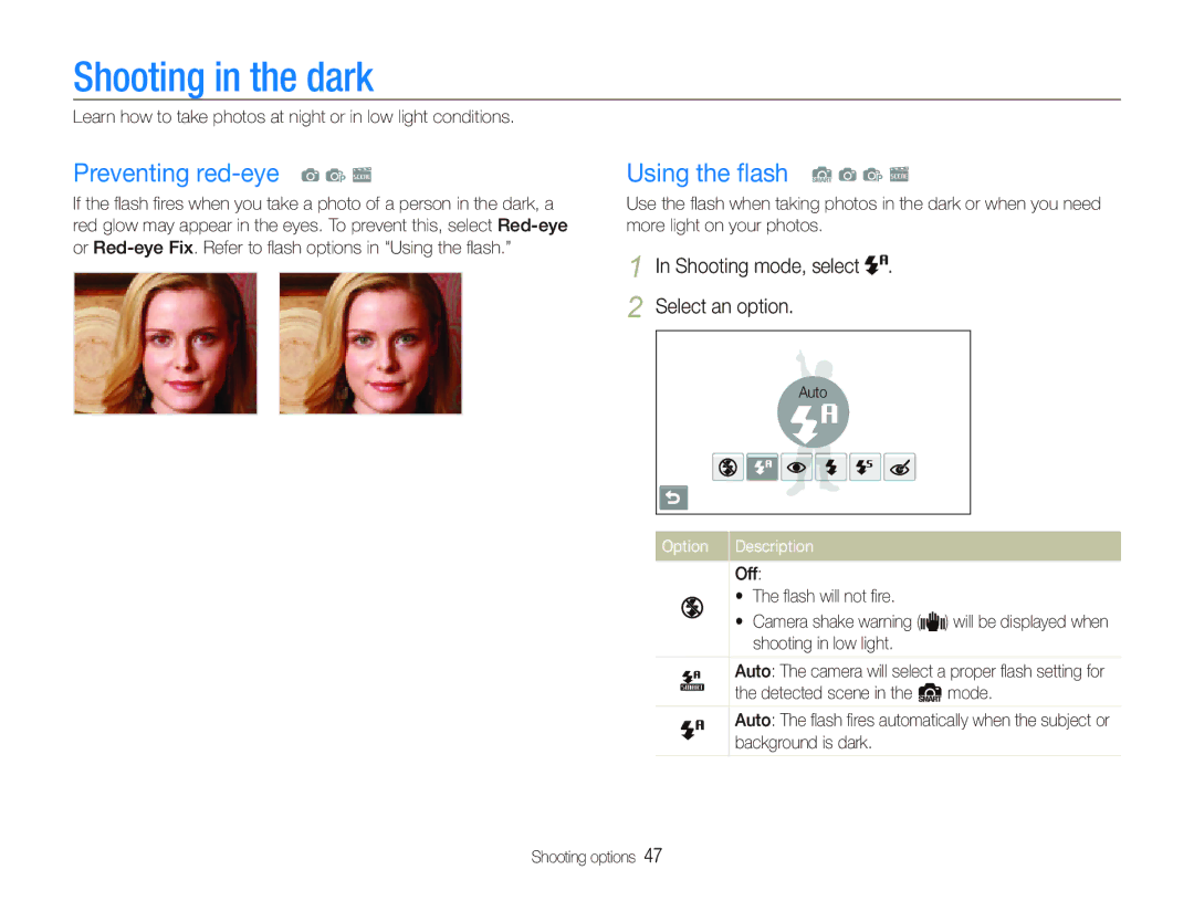 Samsung CL80 user manual Shooting in the dark, Preventing red-eye a p s, Using the ﬂash S a p s 