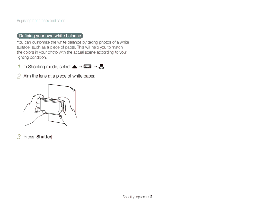 Samsung CL80 user manual Press Shutter, Deﬁning your own white balance 