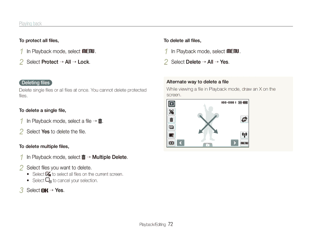 Samsung CL80 user manual Playback mode, select M Select Protect ““All ““Lock, Select “ Yes, Deleting ﬁles 