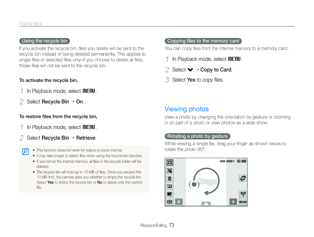 Samsung CL80 user manual Viewing photos, Playback mode, select M Select Recycle Bin “ On 