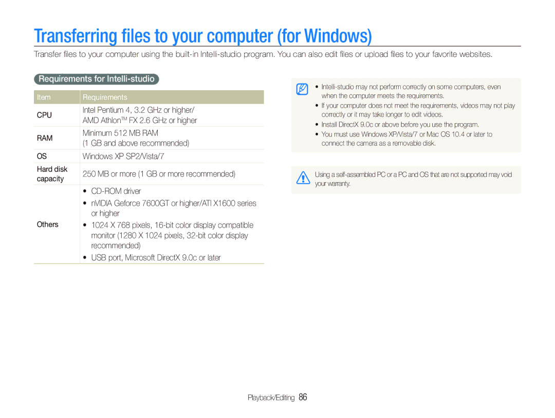 Samsung CL80 user manual Transferring ﬁles to your computer for Windows, Requirements for Intelli-studio 