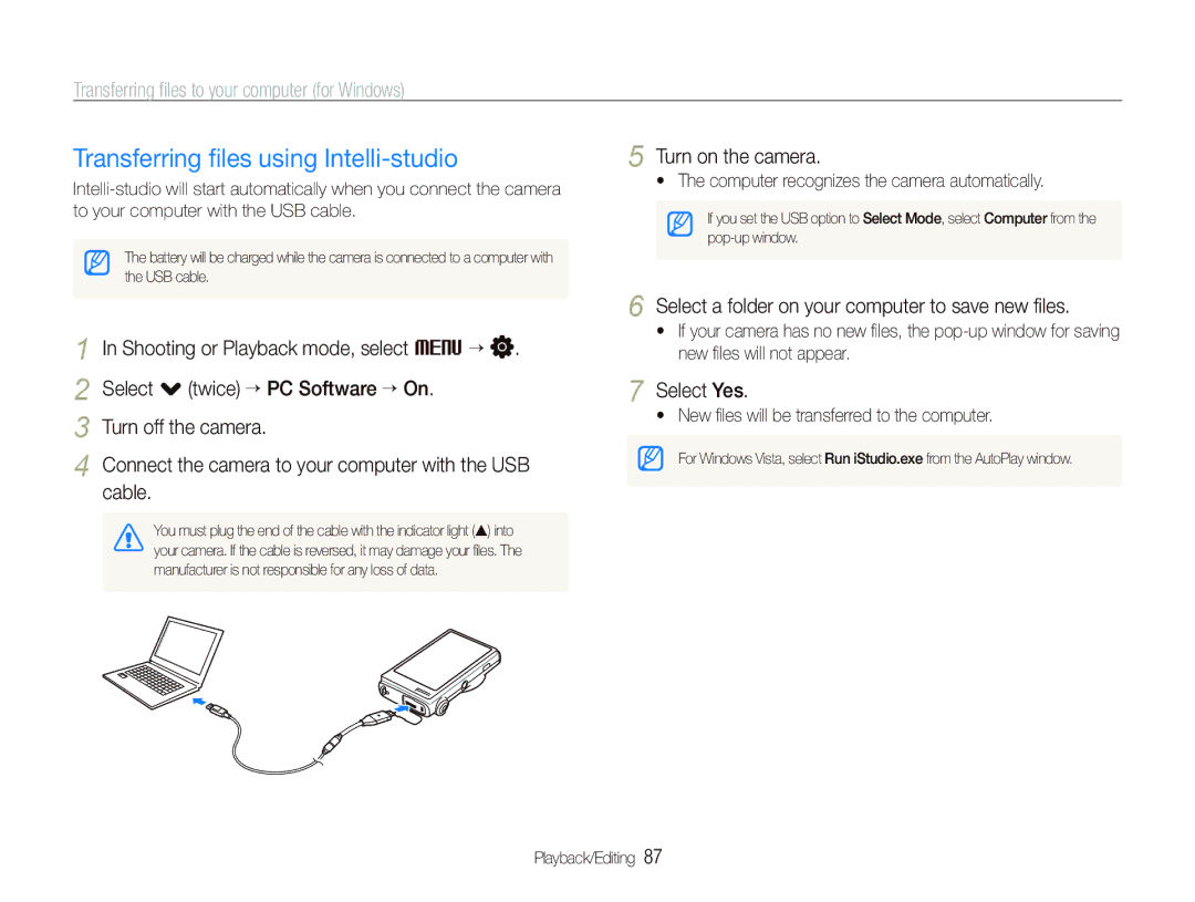 Samsung CL80 user manual Transferring ﬁles using Intelli-studio, Transferring ﬁles to your computer for Windows, Cable 