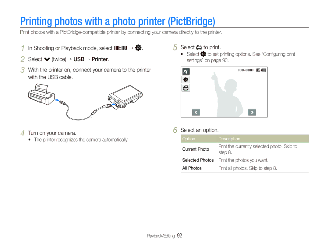 Samsung CL80 user manual Printing photos with a photo printer PictBridge, Select to print 