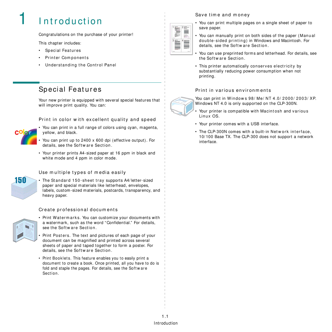 Samsung CLP-300 Series manual Introduction, Special Features 