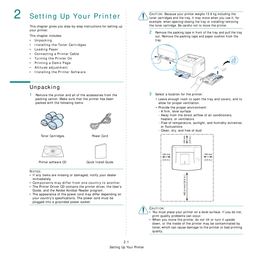 Samsung CLP-300 Series manual Setting Up Your Printer, Unpacking, Printer software CD 