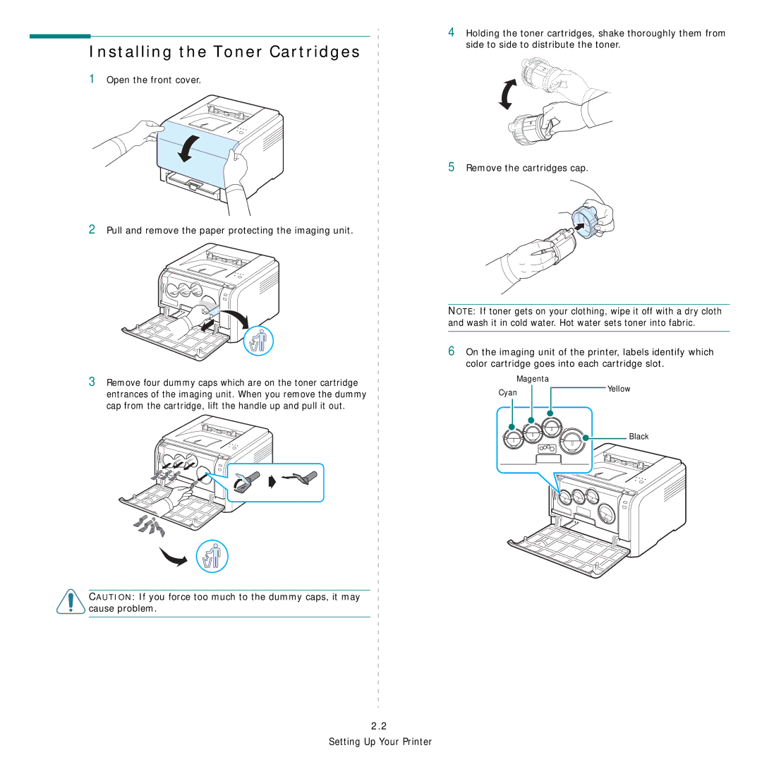 Samsung CLP-300 Series manual Installing the Toner Cartridges 