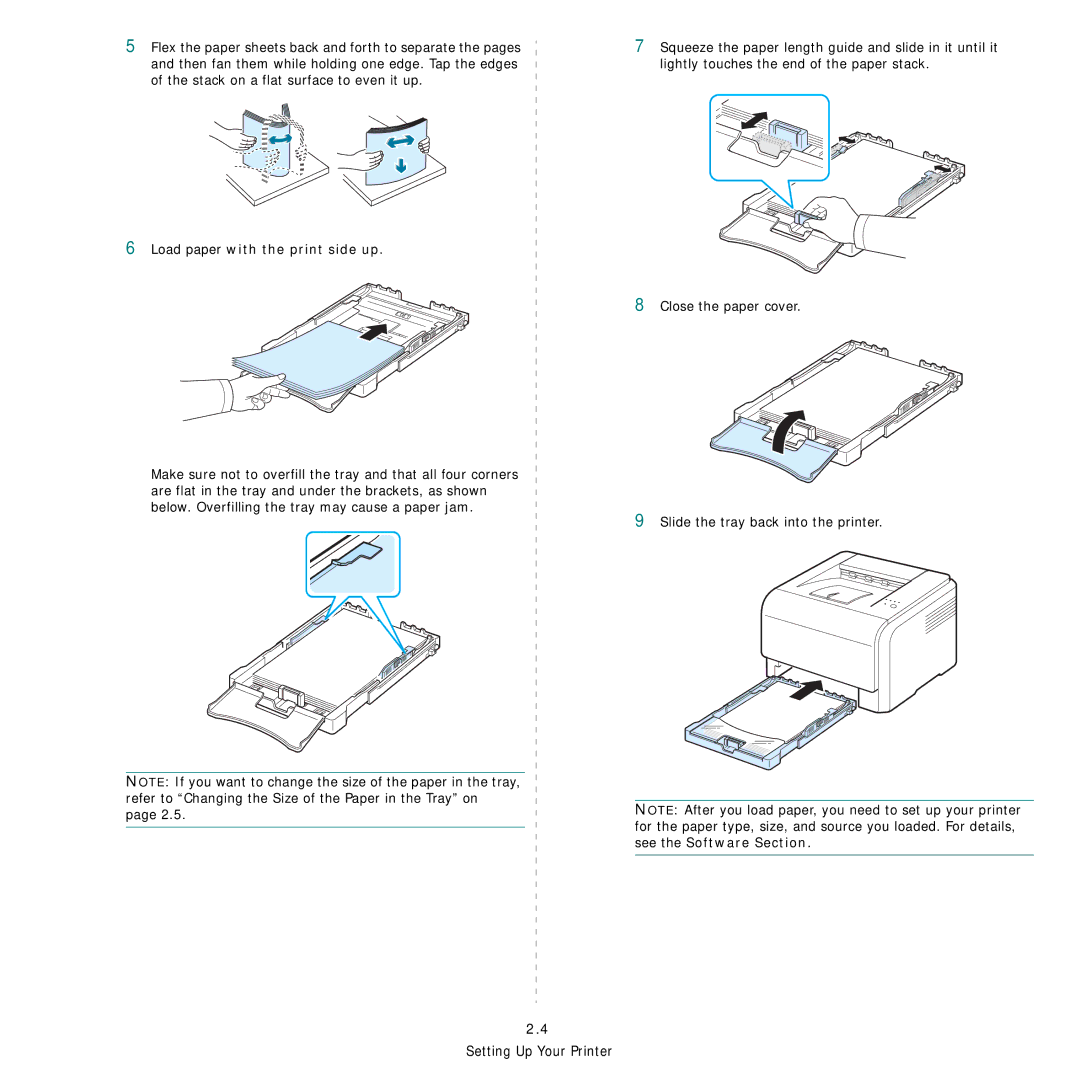 Samsung CLP-300 Series manual Load paper with the print side up, Close the paper cover Slide the tray back into the printer 