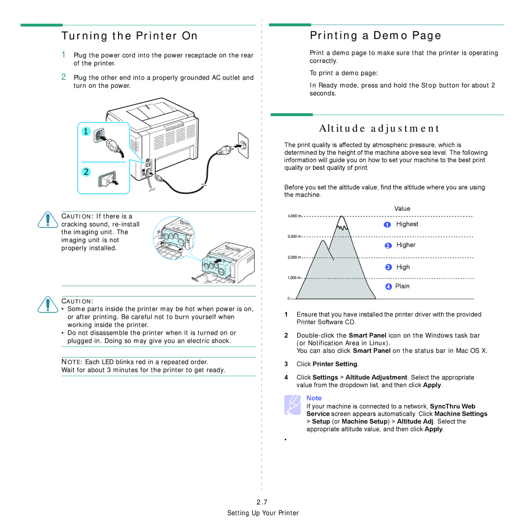 Samsung CLP-300 Series manual Turning the Printer On, Printing a Demo, Altitude adjustment 