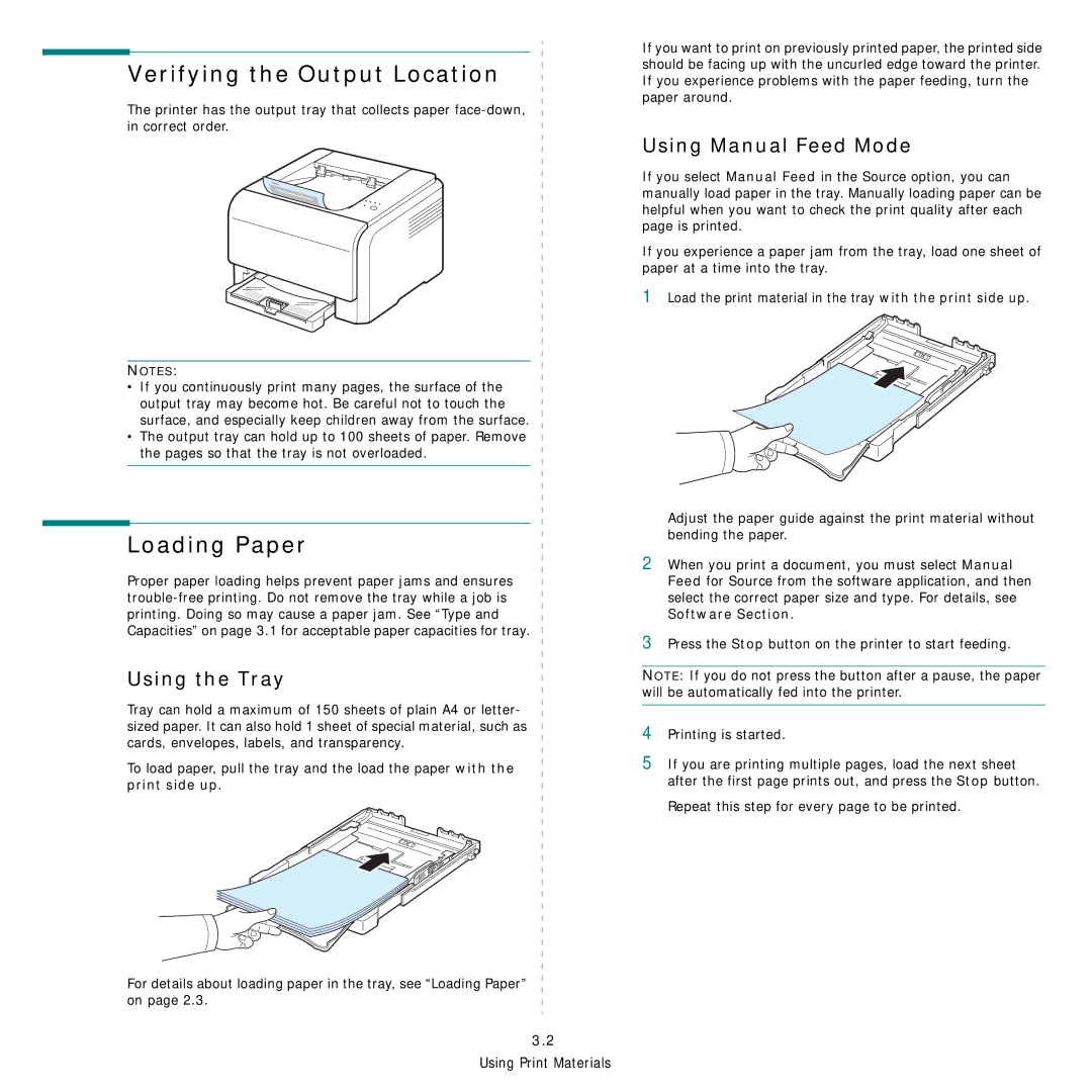 Samsung CLP-300 Series manual Verifying the Output Location, Using Manual Feed Mode, Using the Tray 