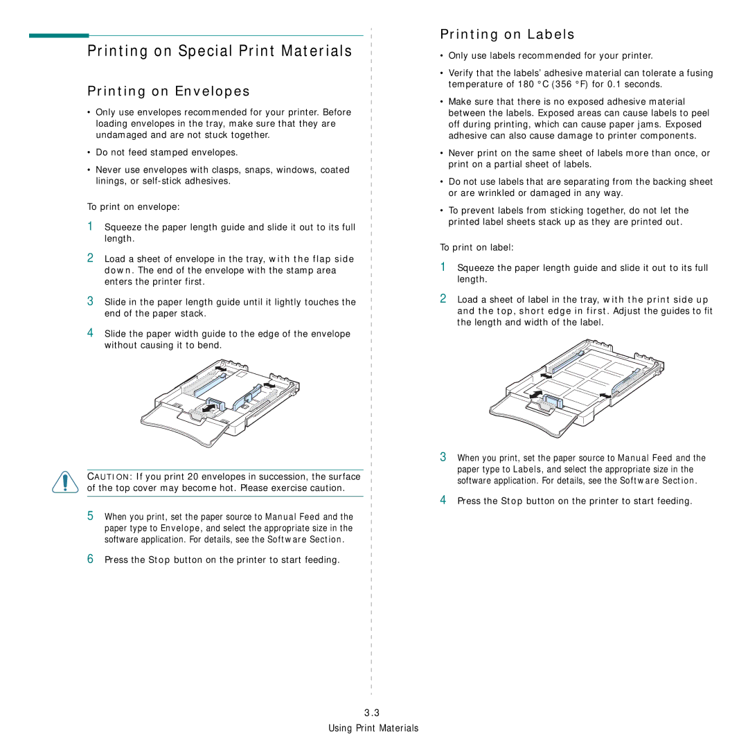 Samsung CLP-300 Series manual Printing on Special Print Materials, Printing on Envelopes, Printing on Labels 