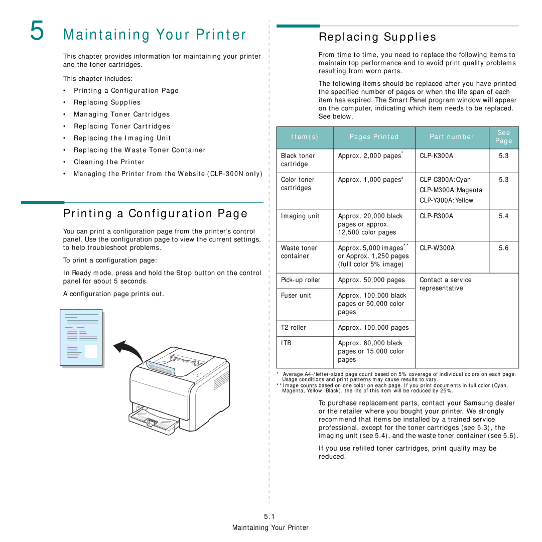 Samsung CLP-300 Series manual Maintaining Your Printer, Printing a Configuration, Replacing Supplies 