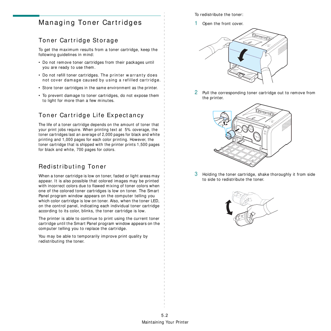 Samsung CLP-300 Series manual Managing Toner Cartridges, Toner Cartridge Storage, Toner Cartridge Life Expectancy 