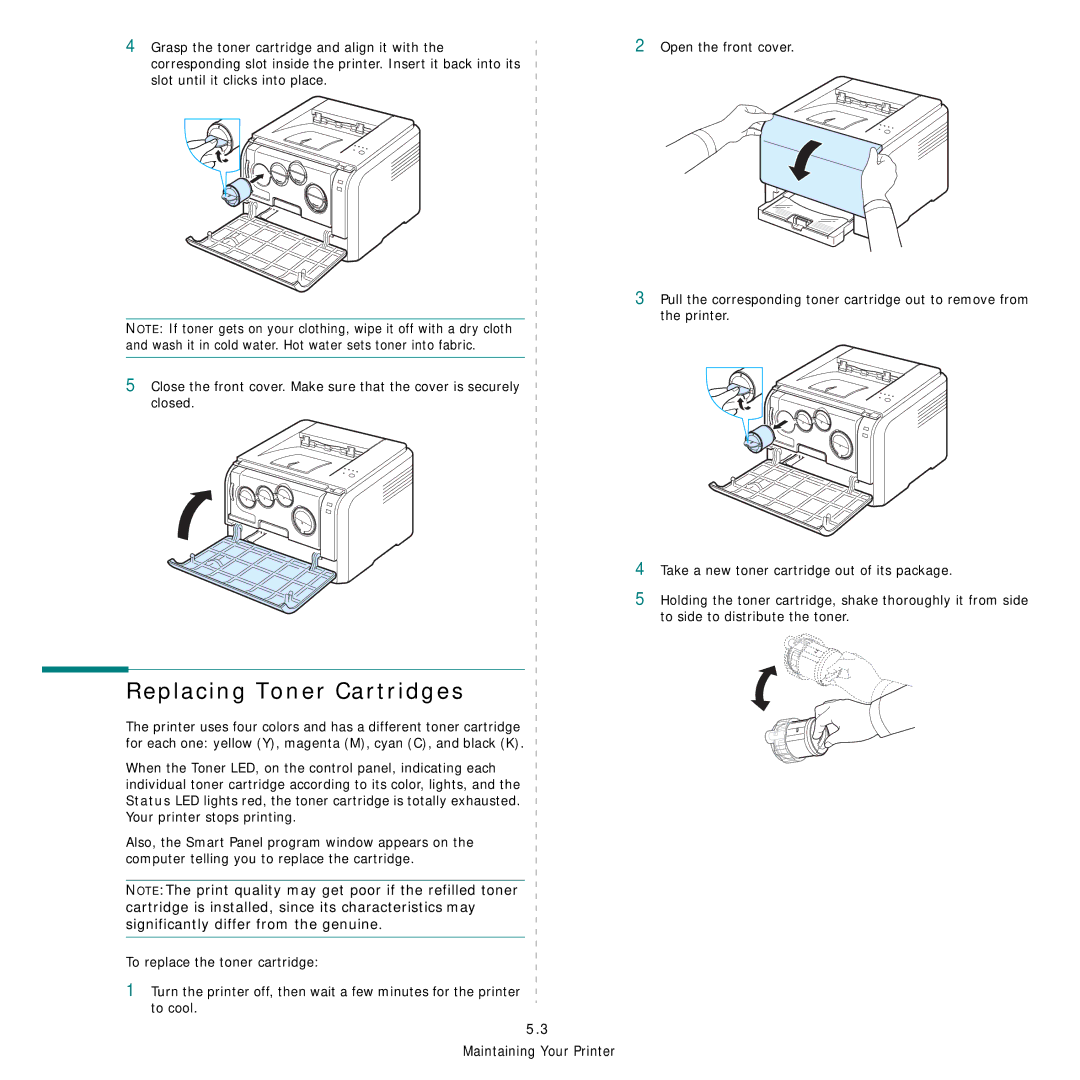 Samsung CLP-300 Series manual Replacing Toner Cartridges 