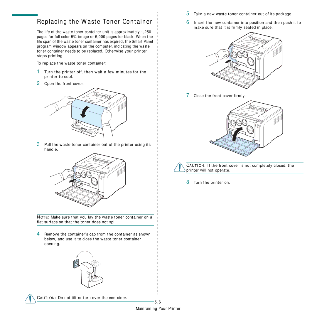 Samsung CLP-300 Series manual Replacing the Waste Toner Container 