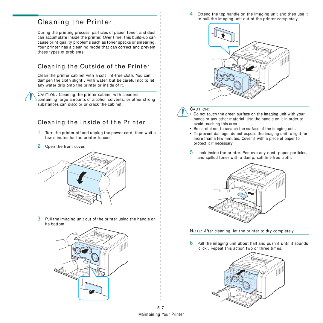 Samsung CLP-300 Series manual Cleaning the Printer, Cleaning the Outside of the Printer, Cleaning the Inside of the Printer 