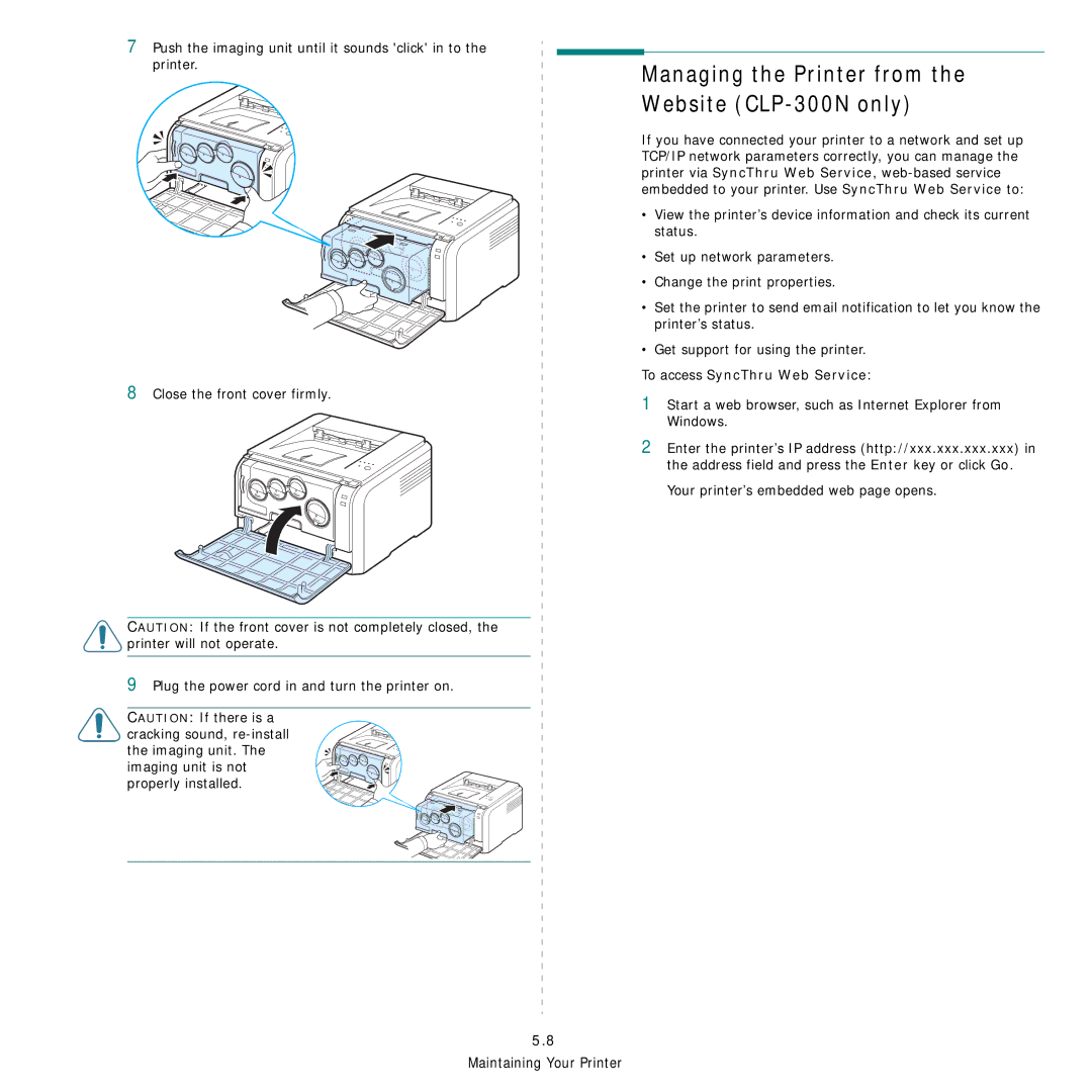 Samsung CLP-300 Series manual Managing the Printer from the Website CLP-300N only, To access SyncThru Web Service 