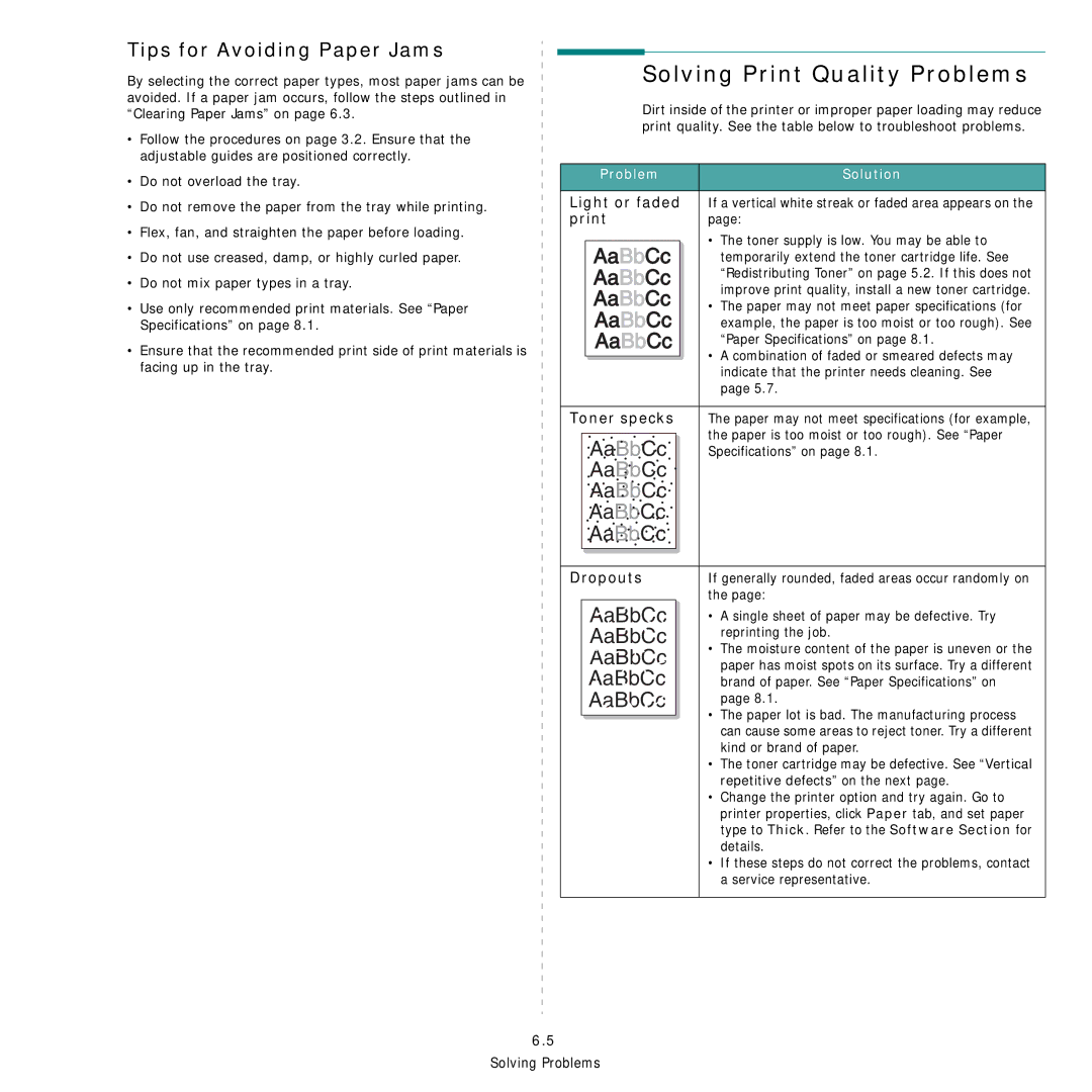 Samsung CLP-300 Series manual Solving Print Quality Problems, Tips for Avoiding Paper Jams, Problem Solution 