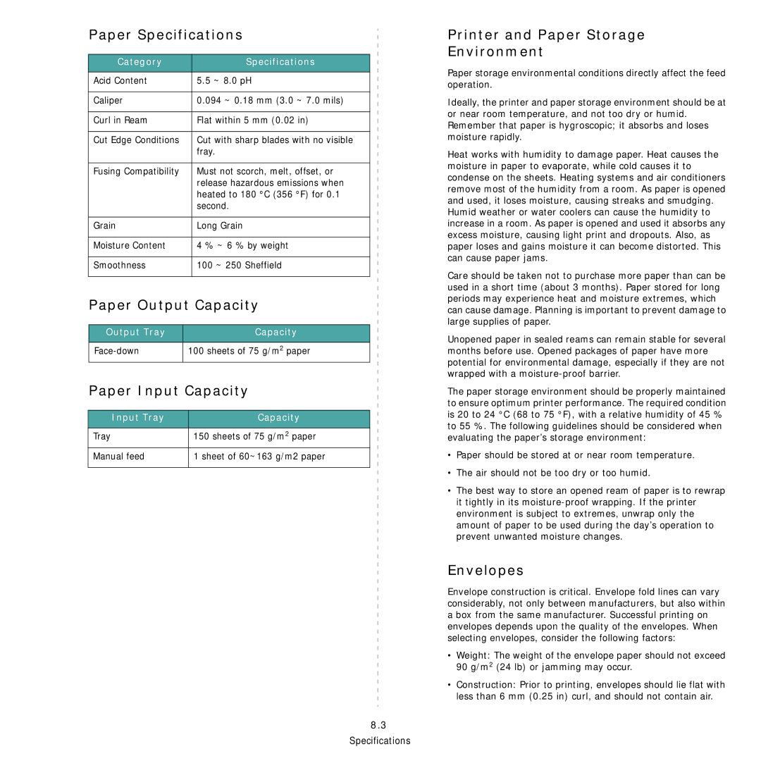 Samsung CLP-300 Series manual Paper Specifications, Paper Output Capacity, Paper Input Capacity, Envelopes 