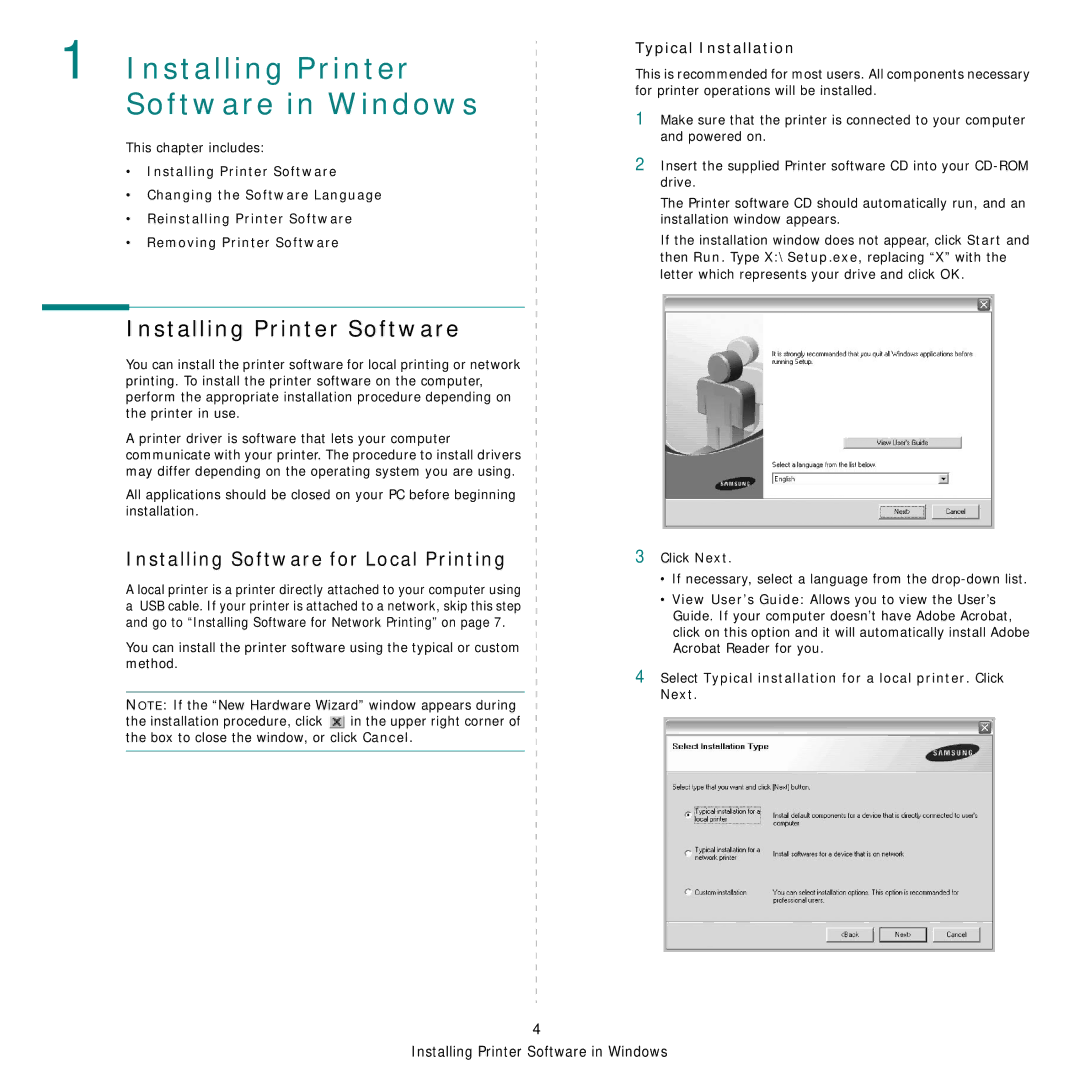 Samsung CLP-300 Series manual Installing Printer Software in Windows, Installing Software for Local Printing 