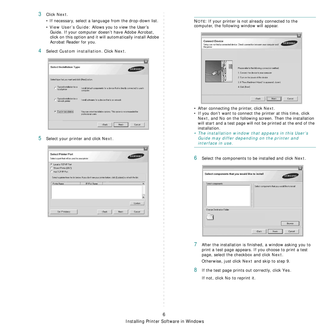 Samsung CLP-300 Series manual Select Custom installation. Click Next, Select the components to be installed and click Next 