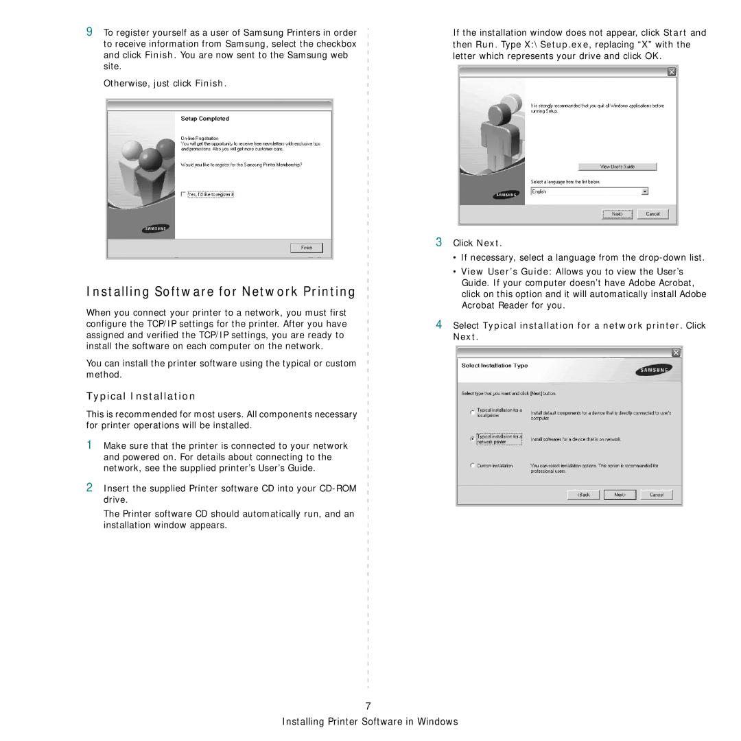 Samsung CLP-300 Series manual Installing Software for Network Printing, Typical Installation 