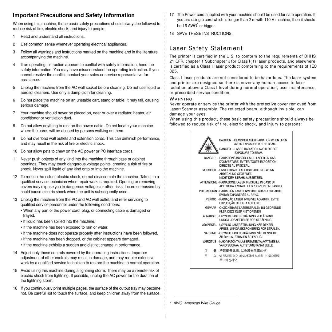 Samsung CLP-300 Series manual Important Precautions and Safety Information, Laser Safety Statement 