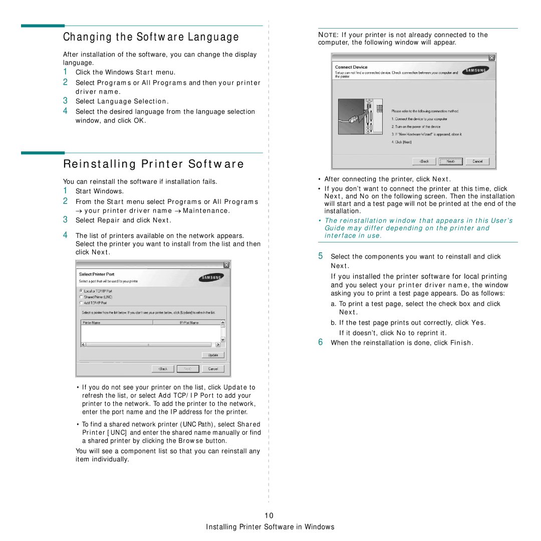 Samsung CLP-300 Series manual Changing the Software Language, Reinstalling Printer Software 