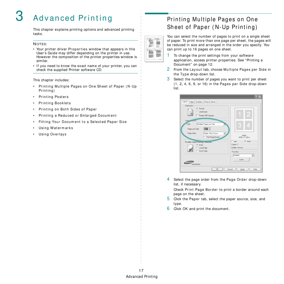 Samsung CLP-300 Series manual Advanced Printing, Printing Multiple Pages on One Sheet of Paper N-Up Printing 