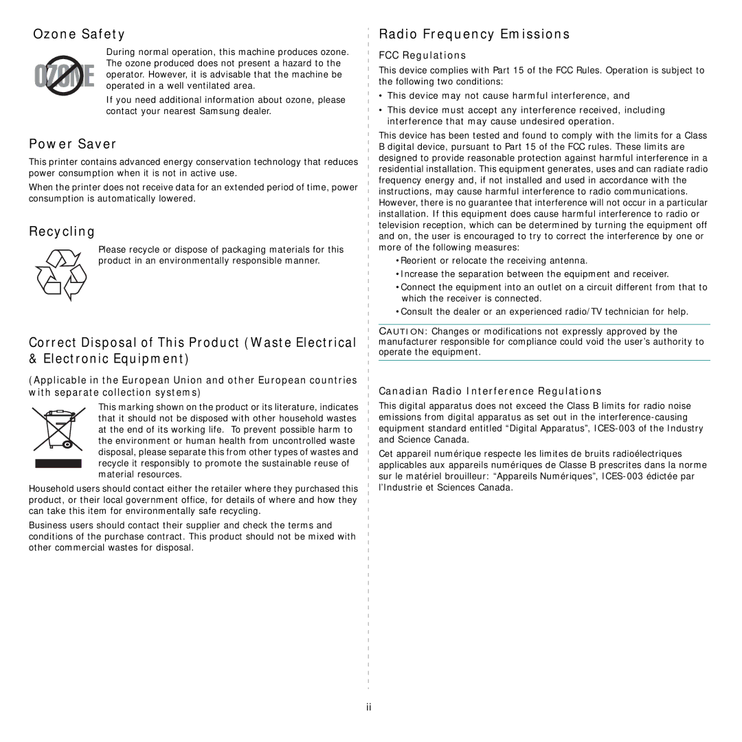 Samsung CLP-300 Series manual Ozone Safety, Power Saver, Recycling, Radio Frequency Emissions 