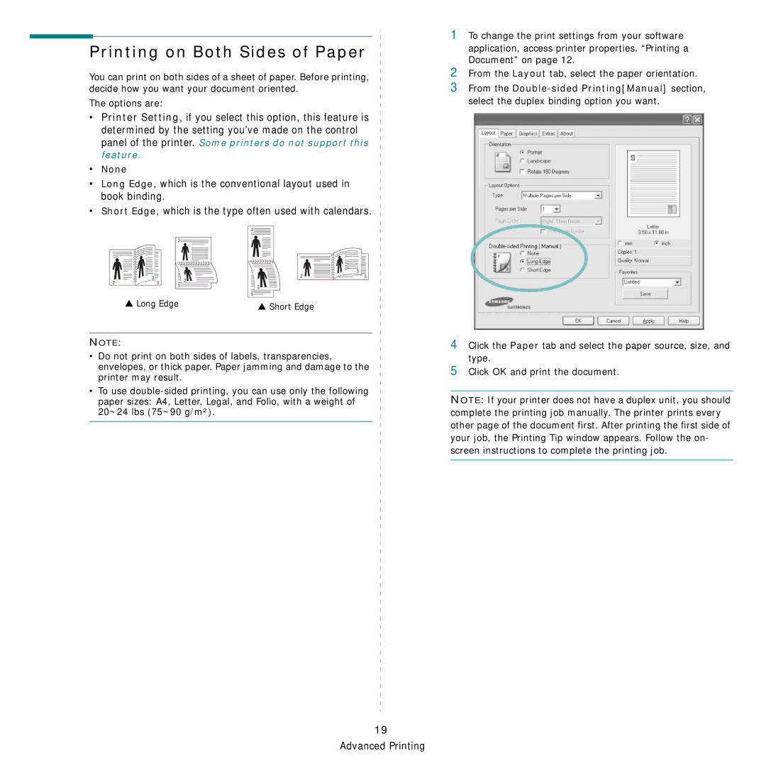 Samsung CLP-300 Series manual Printing on Both Sides of Paper, None, From the Layout tab, select the paper orientation 