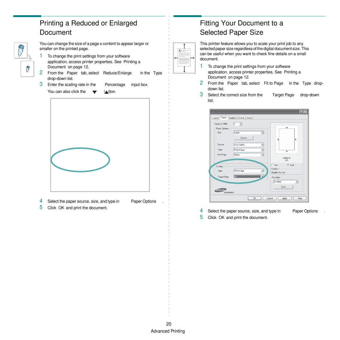 Samsung CLP-300 Series manual Printing a Reduced or Enlarged Document, Fitting Your Document to a Selected Paper Size 