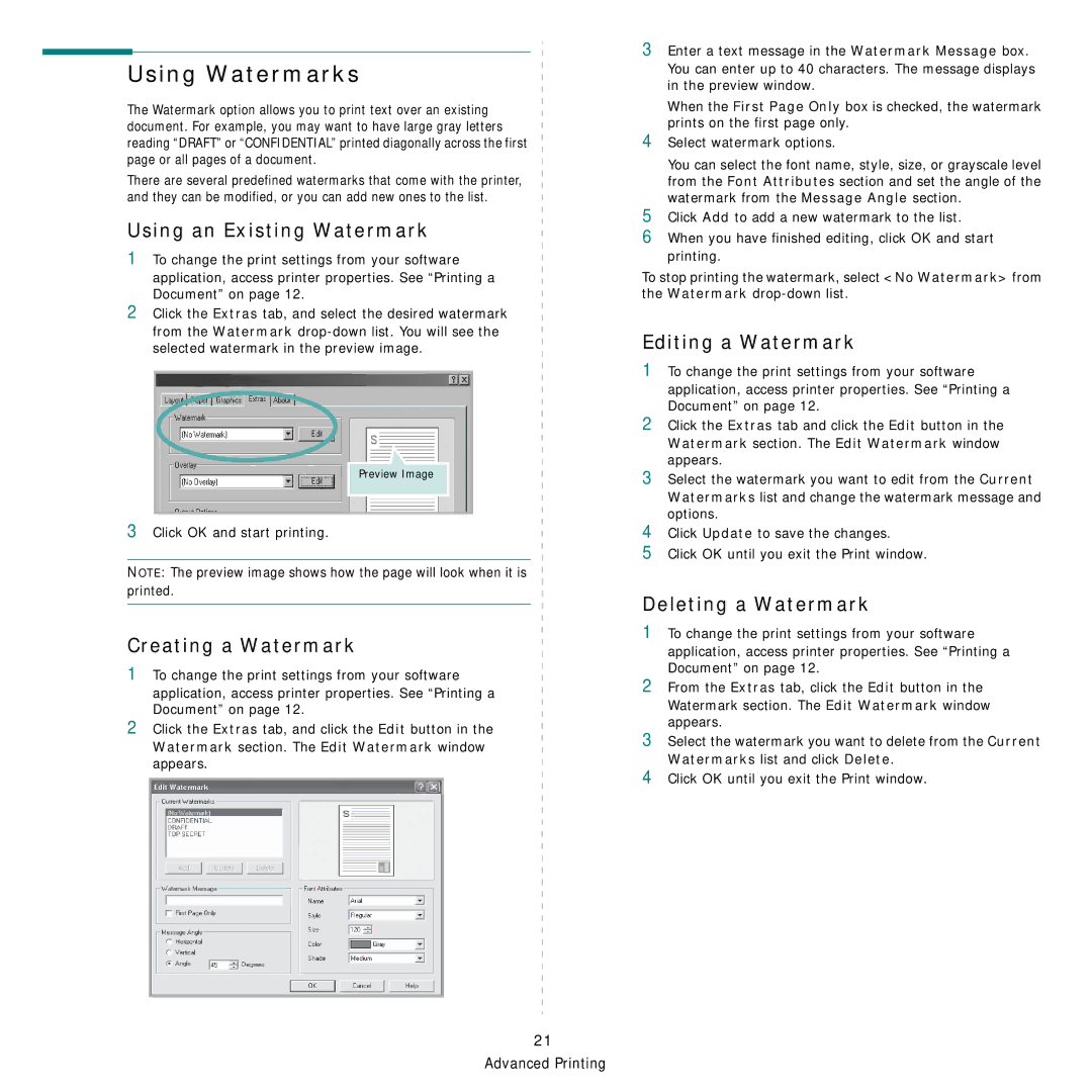 Samsung CLP-300 Series manual Using Watermarks, Using an Existing Watermark, Creating a Watermark, Editing a Watermark 