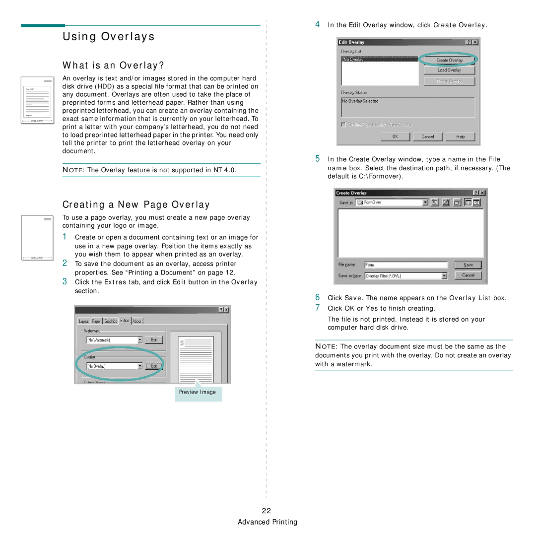 Samsung CLP-300 Series manual Using Overlays, What is an Overlay?, Creating a New Page Overlay 