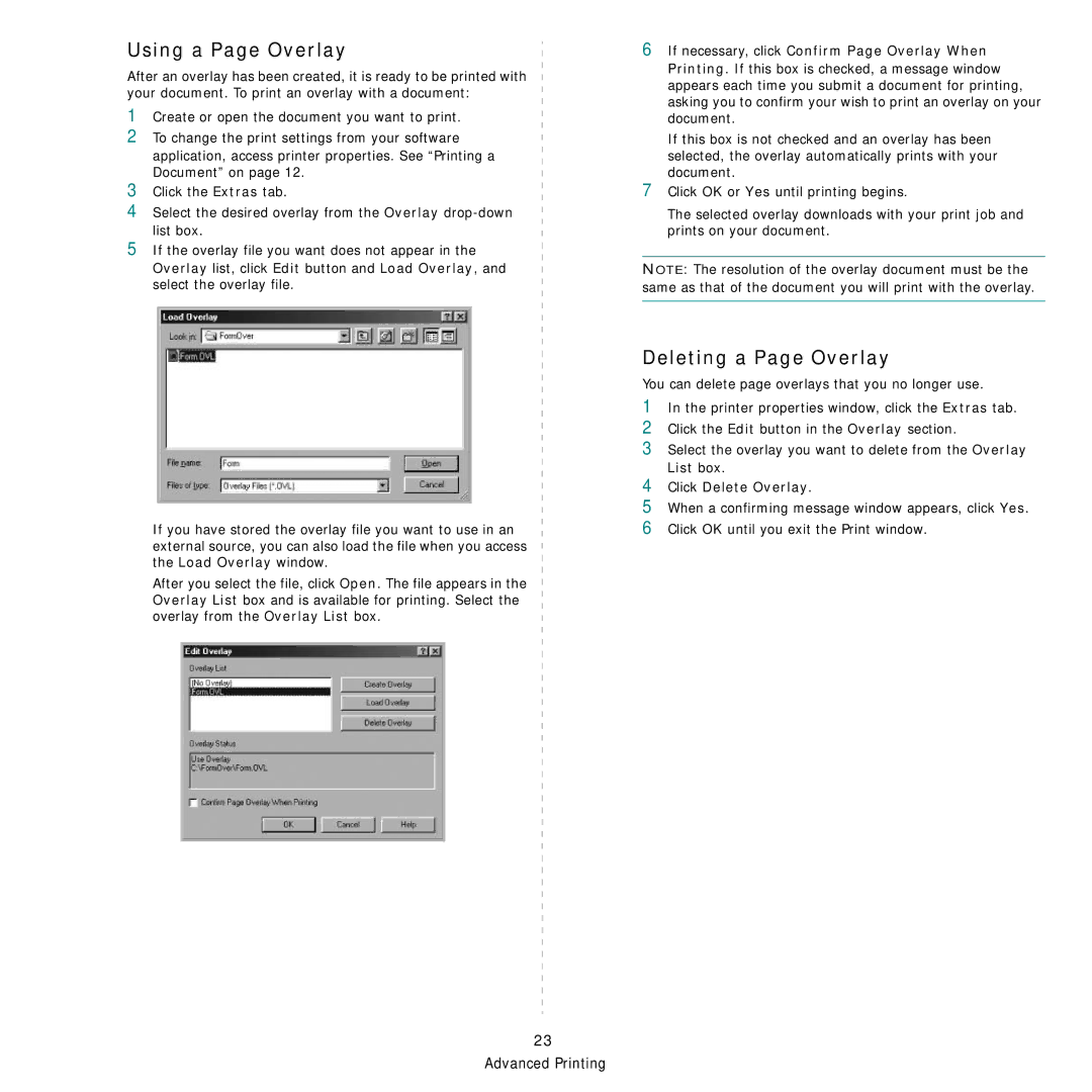 Samsung CLP-300 Series manual Using a Page Overlay, Deleting a Page Overlay, Click Delete Overlay 