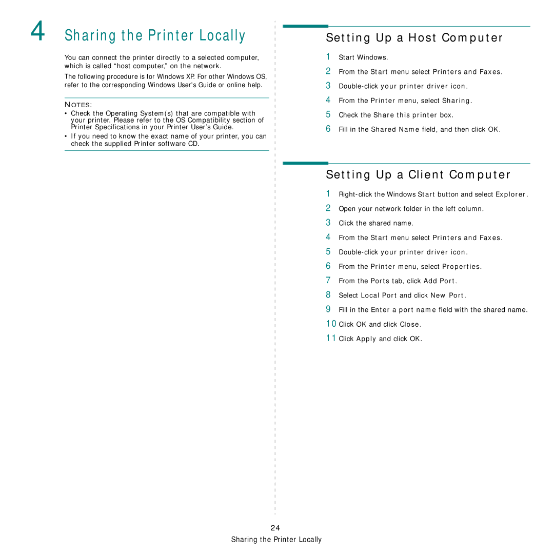 Samsung CLP-300 Series manual Sharing the Printer Locally, Setting Up a Host Computer, Setting Up a Client Computer 