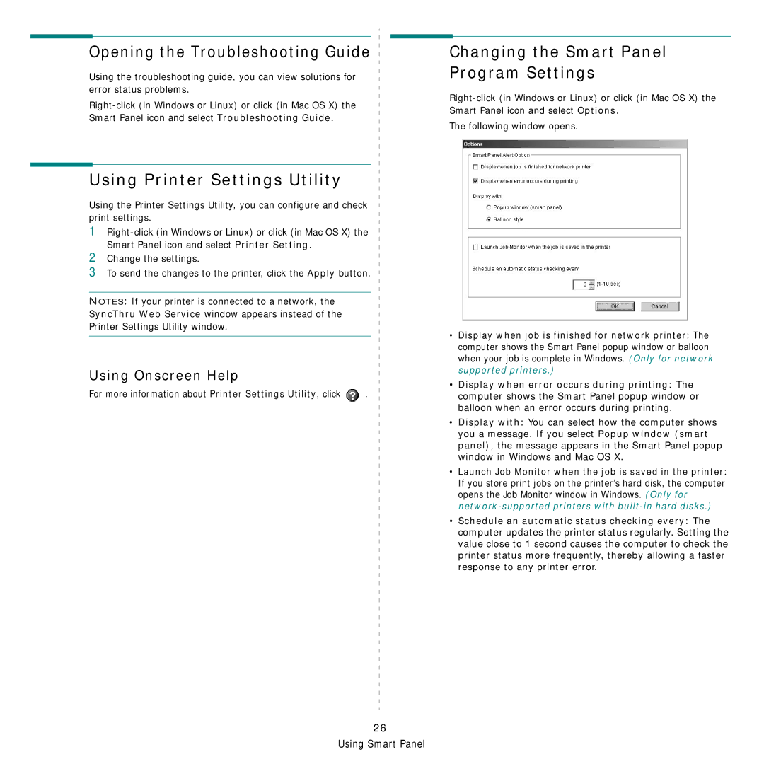 Samsung CLP-300 Series manual Opening the Troubleshooting Guide, Using Printer Settings Utility, Using Onscreen Help 