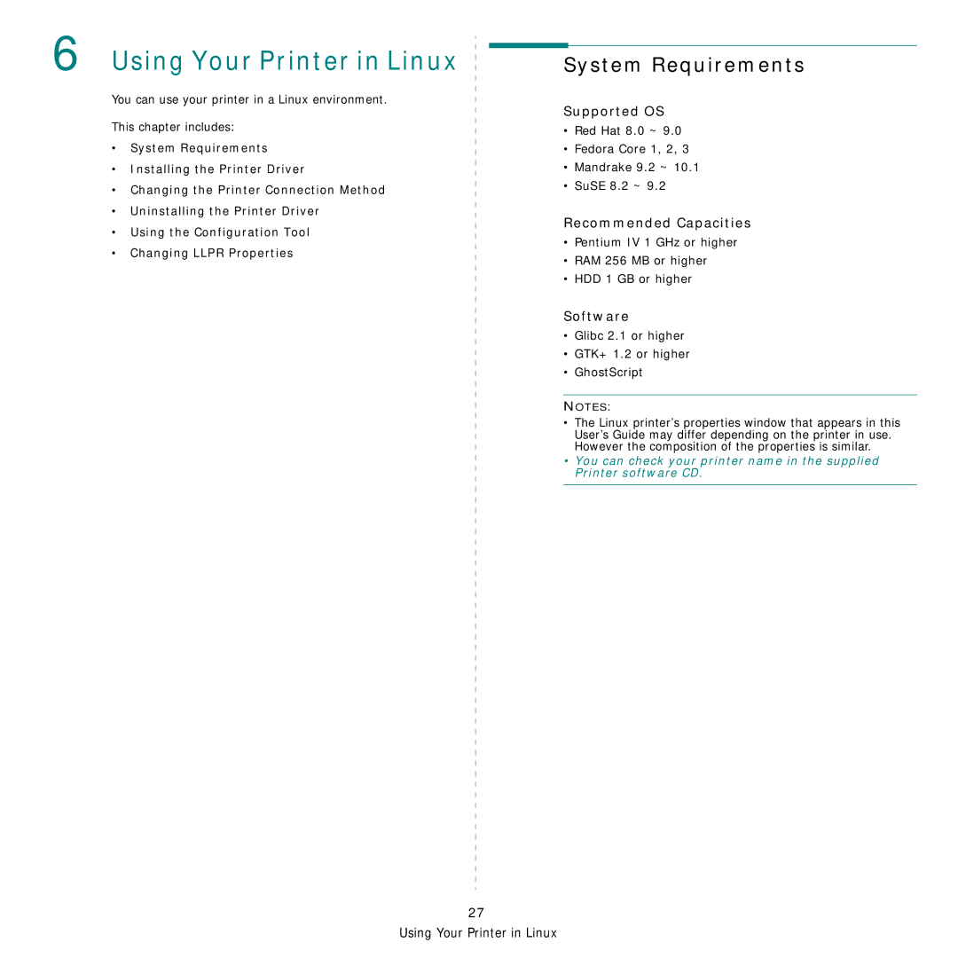 Samsung CLP-300 Series manual System Requirements, Supported OS, Recommended Capacities, Software 